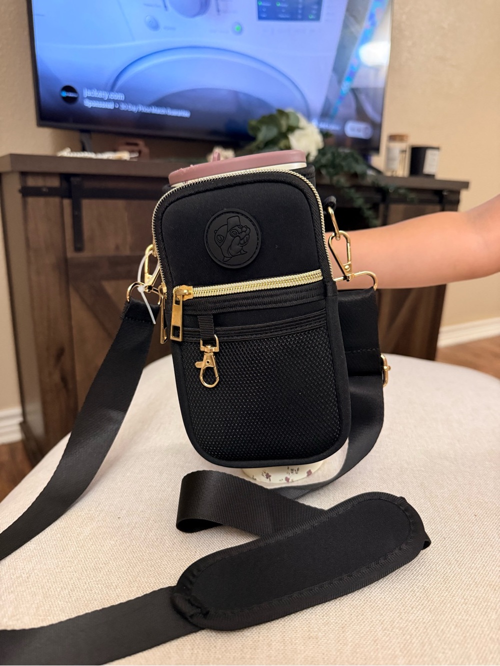 Black Crossbody Phone Pouch with Gold Hardware